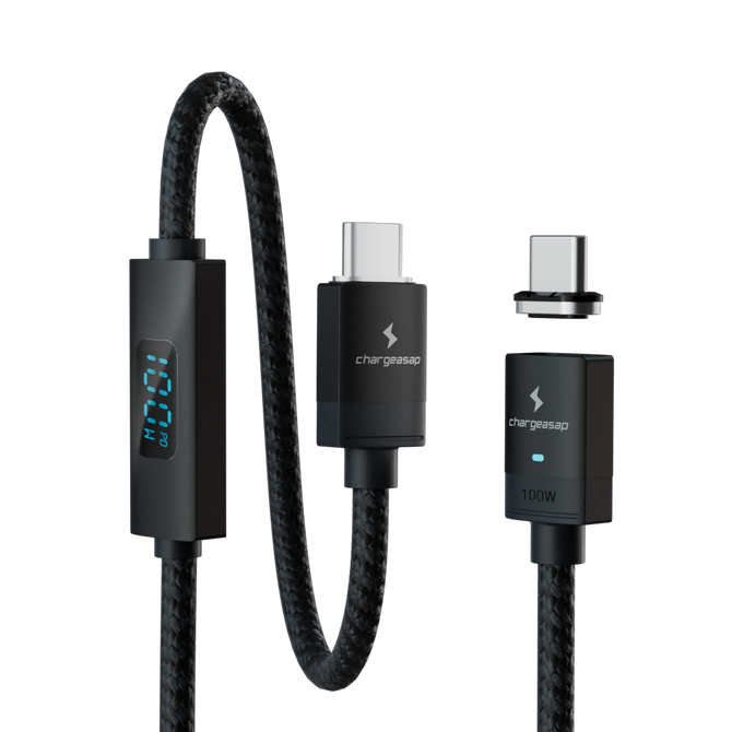 Connect Pro Magnetic Cable Set — black braided cable with built-in power meter and USB-C tip — Chargeasap