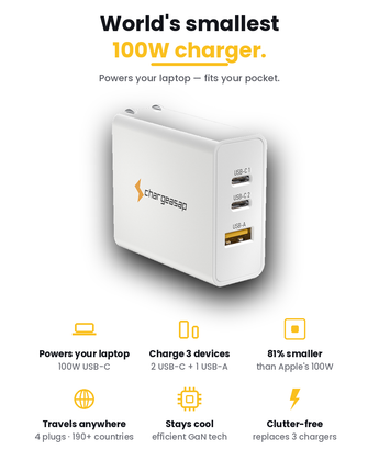 Omega 100W GaN Charger — front view showing 2 USB-C ports and 1 USB-A port — Chargeasap