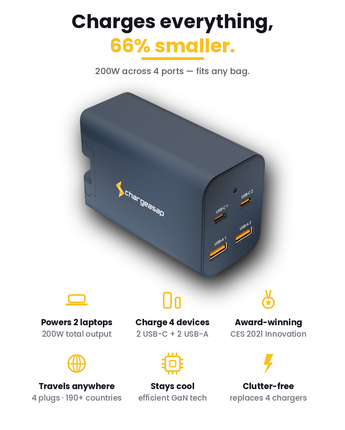 Omega 200W GaN Charger — front view showing 2 USB-C and 2 USB-A ports — Chargeasap