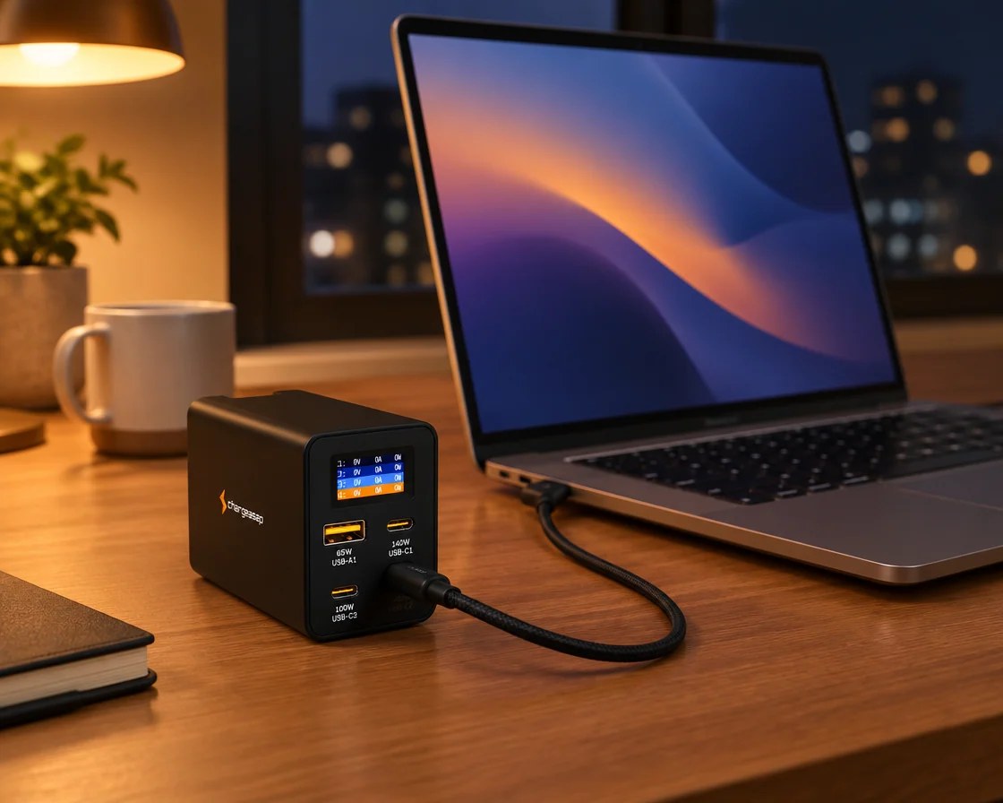 Zeus 280W charger on a desk charging a laptop in the evening