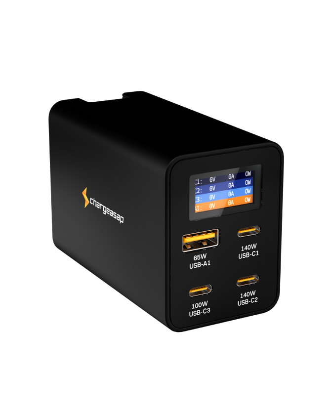 Zeus 280W GaN Charger — black multi-port USB-C wall charger with OLED screen — Chargeasap