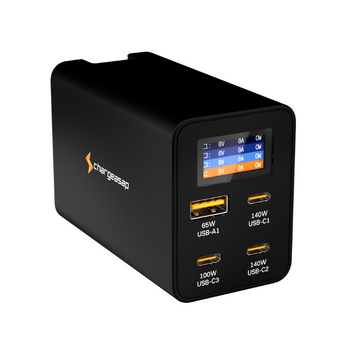 A black Zeus 280W USB-C GaN Charger with multiple ports, including USB-A and USB-C, and foldable wall plug adapters.