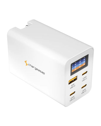 Zeus 280W GaN charger in white, with its live watt screen and four ports