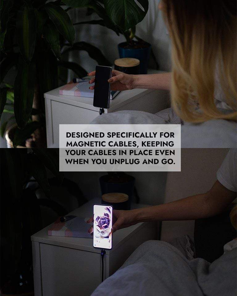 Woman using Chargeasap Magnetic Cable organizer with their Infinity magnetic cable 