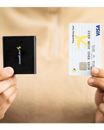 100W Omega USB-C GaN Charger in black  with credit card to show size comparison